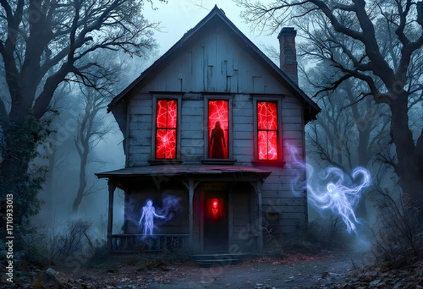 Fototapeta abandoned halloween house looms under dark sky windows glowing red light flickers through broken glass eerie shadows dance across cracked walls chilling atmosphere haunts the empty silence