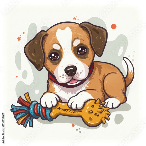 Fototapeta Cute cartoon dog playing with a colorful chew toy on light background  
