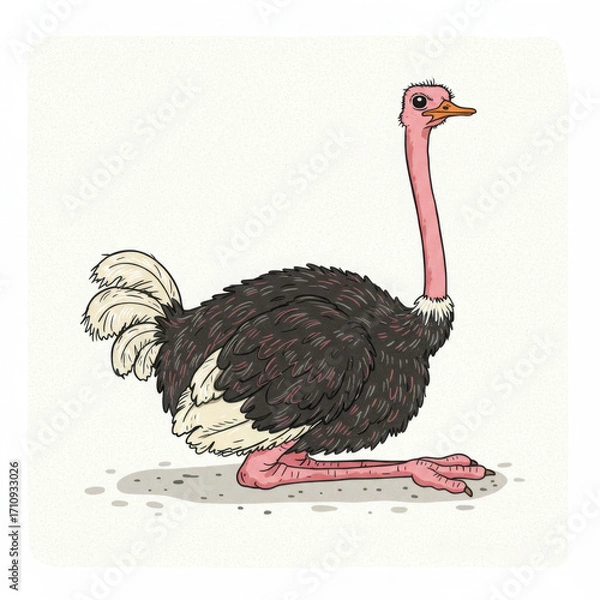 Fototapeta Ostrich standing with a long neck and fluffy feathers on ground  