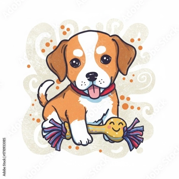 Fototapeta Cartoon puppy playing with chew toy and smiling happily  