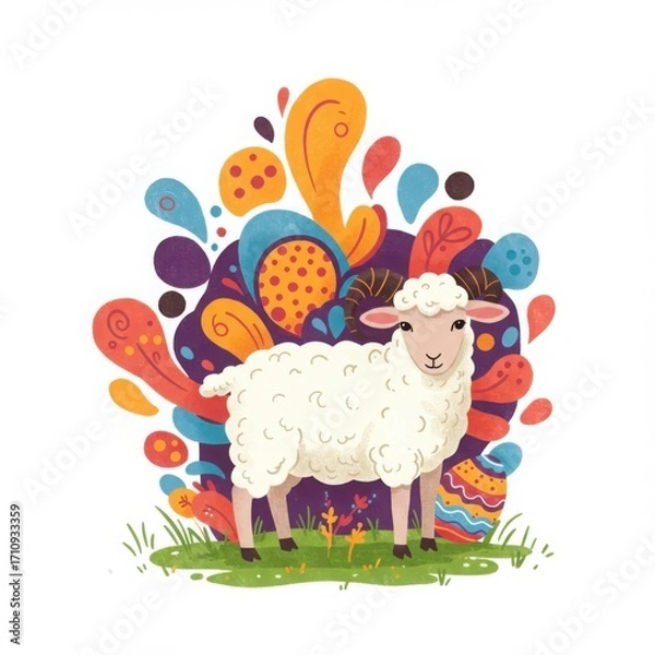 Fototapeta Lamb standing in colorful abstract background with floral elements  