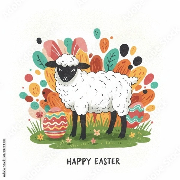 Fototapeta Easter lamb with colorful eggs and flowers in a festive garden  