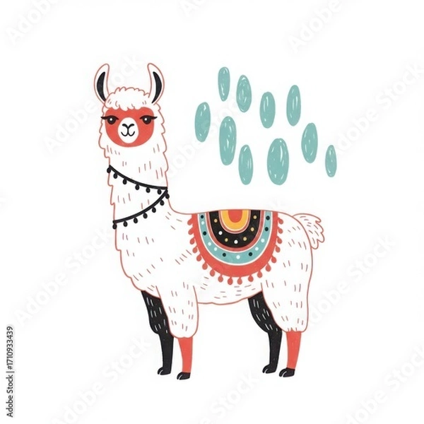 Fototapeta Cute llama illustration with decorative patterns and colorful details  