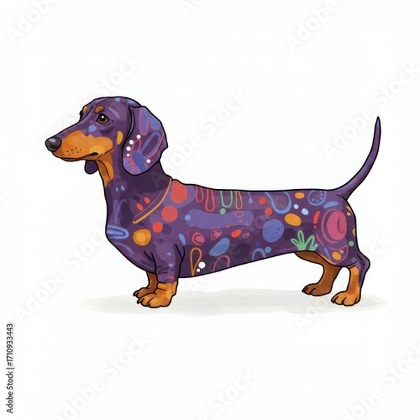 Fototapeta Colorful illustrated miniature dachshund with playful patterns  