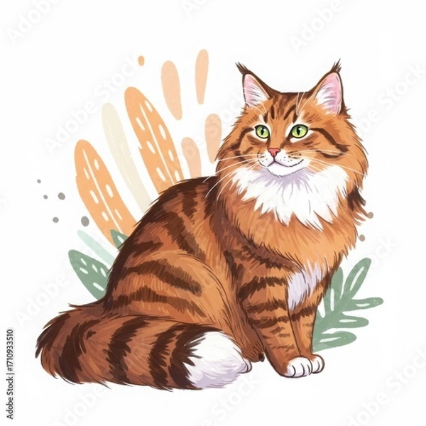 Fototapeta Norwegian Forest cat sitting with colorful botanical background  