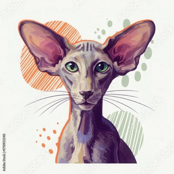Fototapeta Oriental Shorthair cat with large ears and green eyes in abstract style  