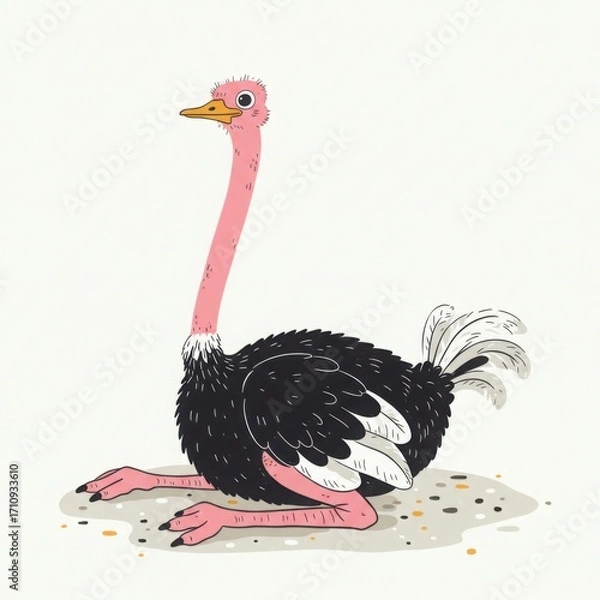 Fototapeta Ostrich sitting on the ground with colorful feathers and a playful pose  