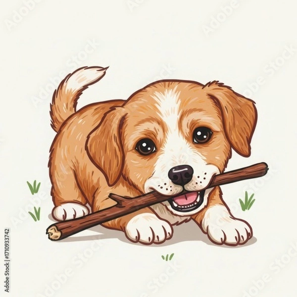 Fototapeta Puppy smiling while chewing on a stick in grassy outdoor setting  
