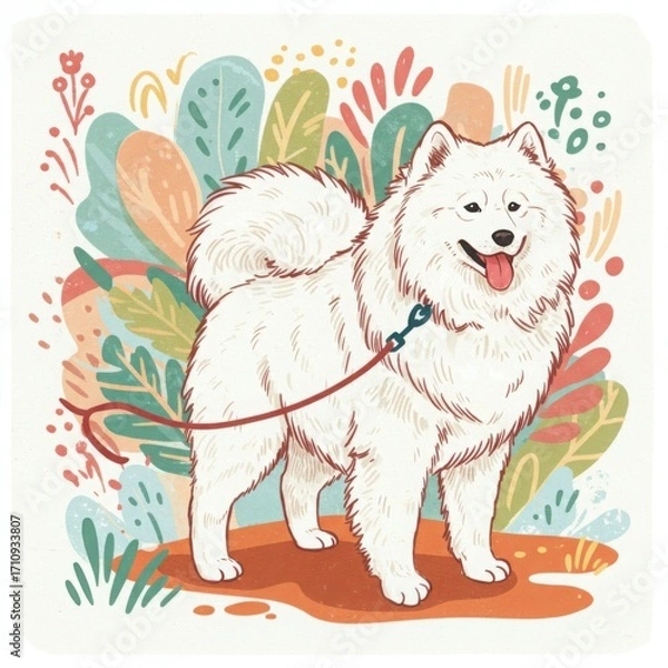 Fototapeta Happy Samoyed dog standing with a leash in colorful floral background  