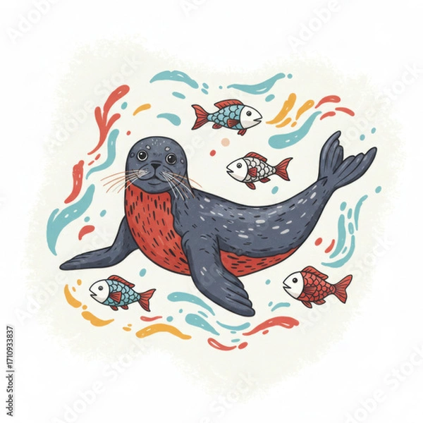 Fototapeta Seal swimming with colorful fish in a playful underwater scene  