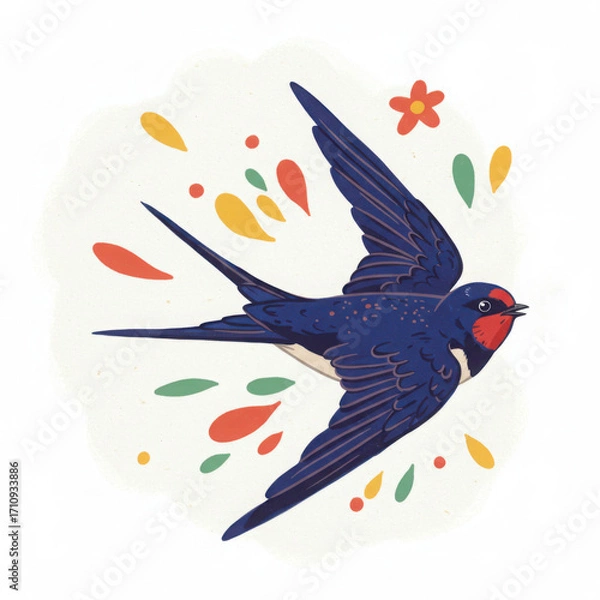 Fototapeta Colorful swallow bird flying amidst floral elements in spring  