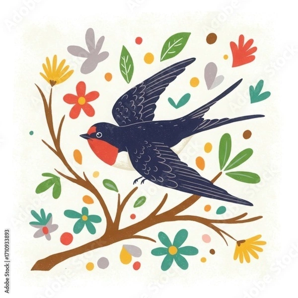 Fototapeta Swallow bird flying above colorful flowers and leaves in spring  
