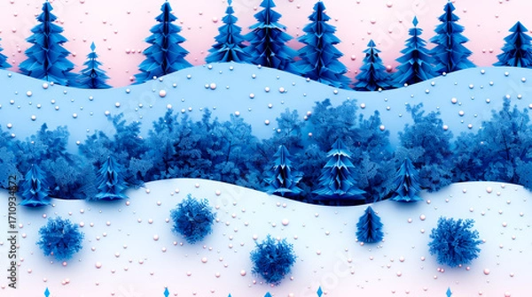 Fototapeta Snowy forest scene in kirigami design conveys the enchanting spirit of Christmas. Blue trees and whimsical snowflakes create a unique pattern for design wrapping paper perfect for gifts this holiday