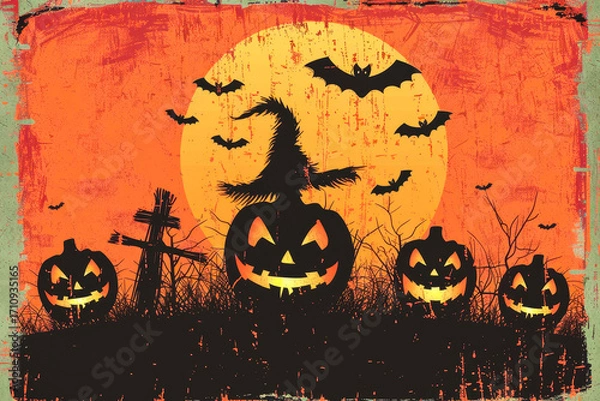 Fototapeta Unique Halloween T-shirt design showcases minimalist style with retro colors. Features include carved pumpkins, witch silhouette, bats, and full moon, perfect for autumn festivities.