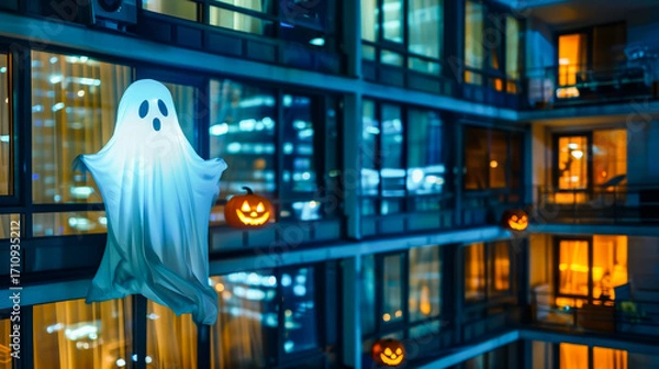 Fototapeta A friendly ghost hovers near a contemporary apartment glowing with warm lights, surrounded by trendy pumpkin decorations for Halloween. The scene captures festive cheer at night. Copy space