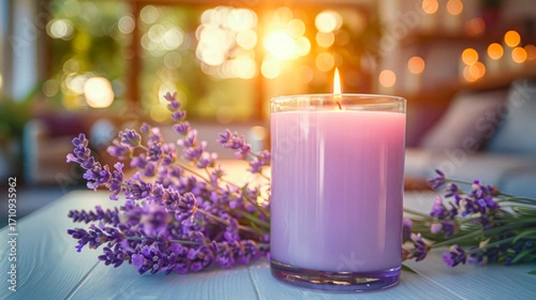 Fototapeta A lovely lavender candle jar emits a soft glow beside fresh lavender flowers in a cheerful, sunny living room. The warm light enhances the cozy atmosphere. Mock up, design. Copy space