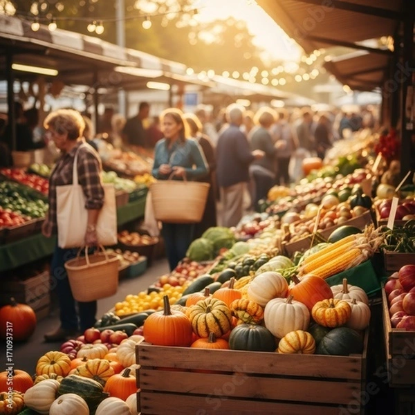 Fototapeta Colorful pumpkins and squash in wooden crates at a vibrant outdoor market with people strolling in the background. Autumn harvest season concept.