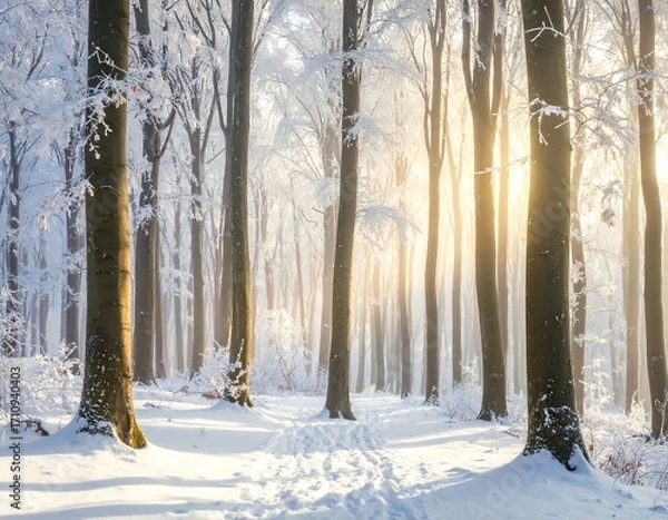 Fototapeta Winter's Golden Embrace in a Frozen Forest