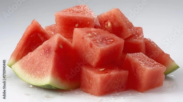 Fototapeta Ultra close-up of juicy watermelon cubes with minimal white background and center space 
