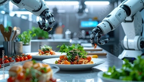 Fototapeta Robot prepares salad in modern kitchen. Concept of artificial intelligence in restaurant and food industry