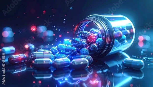 Fototapeta Pills spilling from bottle on dark surface anytime. Capsules for healthcare and treatment concept