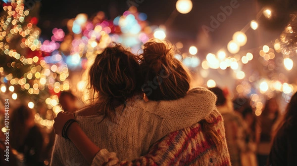 Fototapeta Friends Hugging as the Countdown Ends, Festive Lights Behind Them