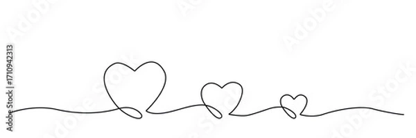 Obraz Continuous line drawing of three hearts in a row illustration