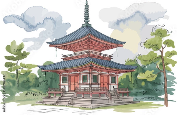 Fototapeta This beautiful watercolor illustration depicts a traditional Japanese pagoda temple, surrounded by serene pine trees and set against a cloudy sky with a hint of sunshine.
