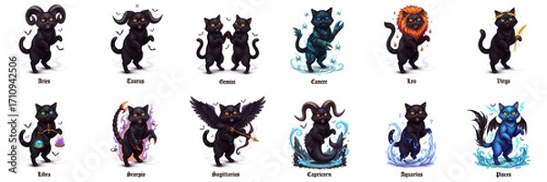 Fototapeta Black cat illustrations representing zodiac signs, featuring unique designs and vibrant colors, showcasing personality traits and astrological themes in a whimsical style