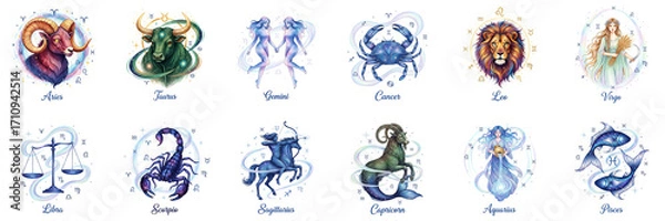 Fototapeta Colorful zodiac signs illustrated in a whimsical style, featuring astrological symbols and characters representing each sign, perfect for astrology enthusiasts and decorative purposes