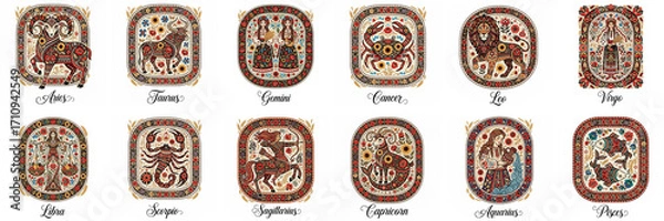 Fototapeta Colorful zodiac signs illustrated in intricate patterns, showcasing astrological symbols and vibrant designs, representing various personalities and traits in a decorative format
