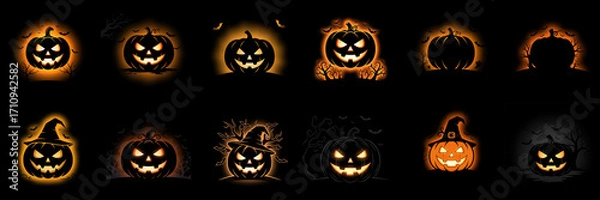 Fototapeta Collection of Halloween pumpkin illustrations featuring various expressions and designs, showcasing creativity and festive spirit in a vibrant and spooky atmosphere