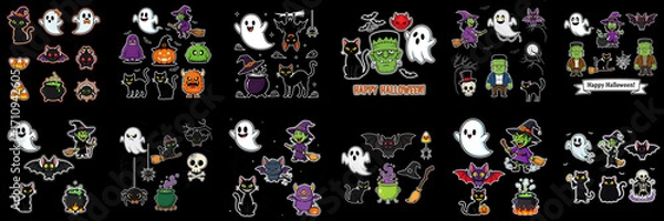 Fototapeta Colorful Halloween-themed illustration featuring ghosts, witches, pumpkins, bats, and black cats, creating a festive atmosphere for seasonal celebrations and decorations