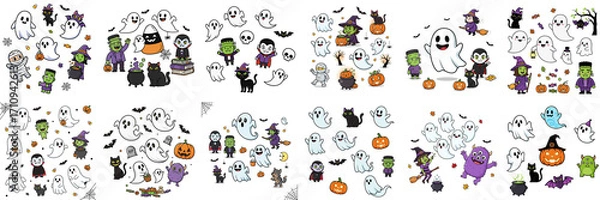 Fototapeta Colorful Halloween-themed flat illustration featuring various ghosts, witches, pumpkins, and spooky creatures, creating a festive atmosphere for seasonal celebrations and decorations