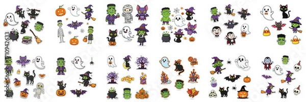 Fototapeta Colorful Halloween-themed flat illustration featuring various spooky characters, pumpkins, ghosts, and bats, perfect for festive decorations and seasonal designs