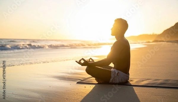 Fototapeta Young man meditating in lotus pose on beach during sunset. Mindfulness exercise for relaxation and stress relief