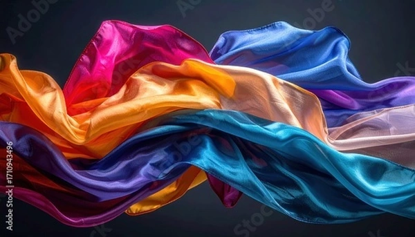 Fototapeta Colorful silky fabrics flowing in the air on a dark background. Abstract bright waves of translucent material