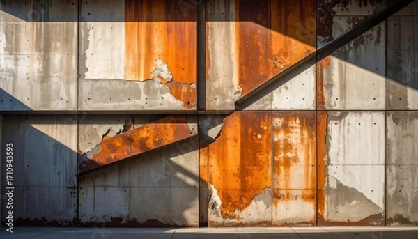 Fototapeta Concrete rusty wall with geometric shadows outside under sunlight