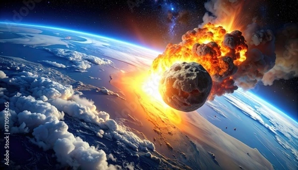 Fototapeta Asteroid impact on Earth with big explosion in the atmosphere in outer space. Apocalypse, end of the world