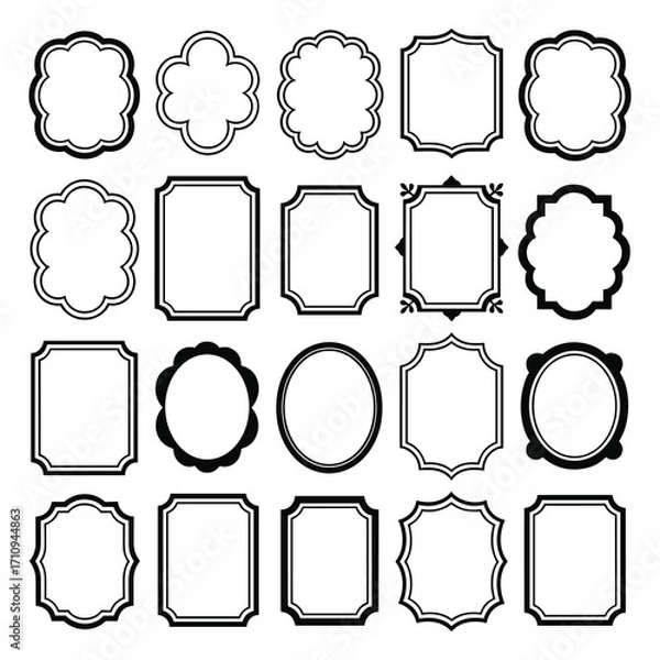 Fototapeta Vintage Frame Vector Set, Black Silhouette Decorative Frames in Various Shapes