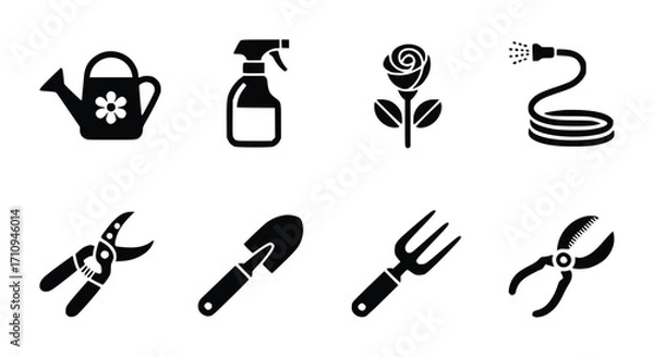 Fototapeta Collection of Black and White Garden Icons Watering Can, Sprayer, Rose, Hose, and Tools