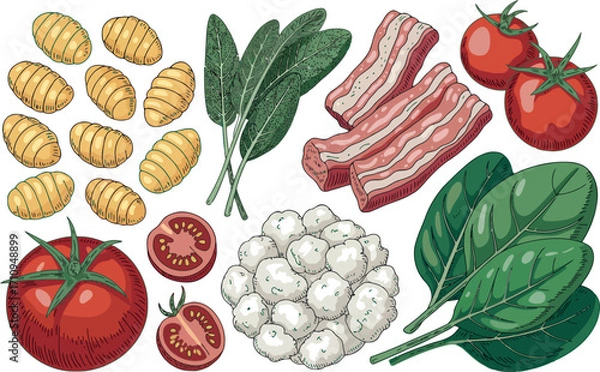 Fototapeta This image presents a vibrant collection of Italian food ingredients, including gnocchi, bacon strips, fresh tomatoes (whole and sliced), mozzarella balls, and spinach leaves.