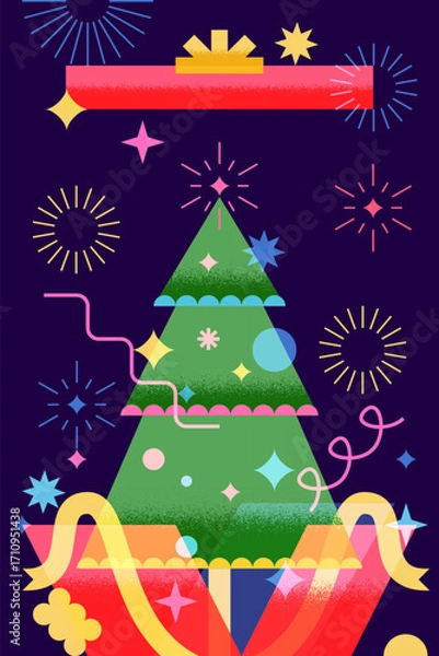 Fototapeta Open gift box with Christmas tree inside. Vector holiday design for New Year greeting cards, poster, banner, invitation
