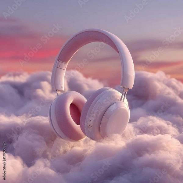 Fototapeta Headphones floating above clouds during twilight with colorful sky