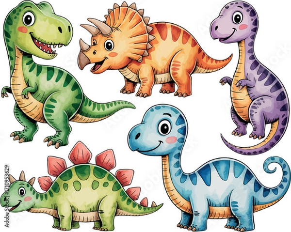 Fototapeta This delightful image presents a collection of five cute, friendly dinosaurs, including a T-Rex, Triceratops, Brontosaurus, Stegosaurus, and another long-necked dinosaur