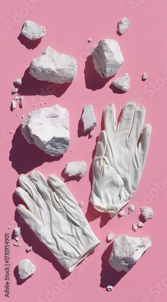 Fototapeta White gloves placed on a pink background with scattered white rocks creating a vibrant contrast in a creative layout
