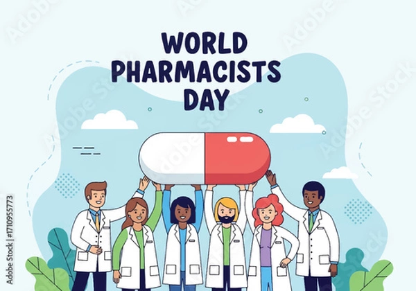 Fototapeta Flat illustration of pharmacists working together holding a giant pill, celebrating World Pharmacists Day and symbolizing teamwork, healthcare, and the importance of medicine in global wellness
