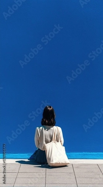 Fototapeta Person sitting by a blue wall on a sunny day, contemplating life in a peaceful setting
