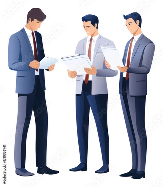 Fototapeta PNG Businessmen engage in a discussion as they read a financial report together teamwork standing meeting.