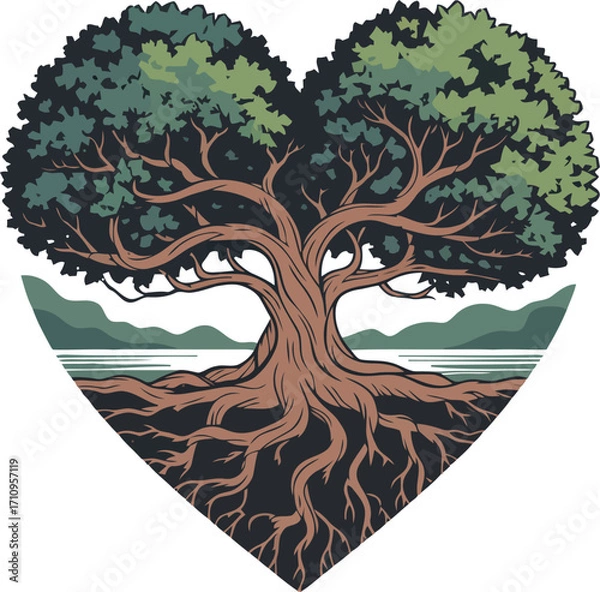 Fototapeta This vibrant illustration depicts a majestic tree with sprawling roots and lush foliage, contained within a heart shape, set against a background of mountains and a lake